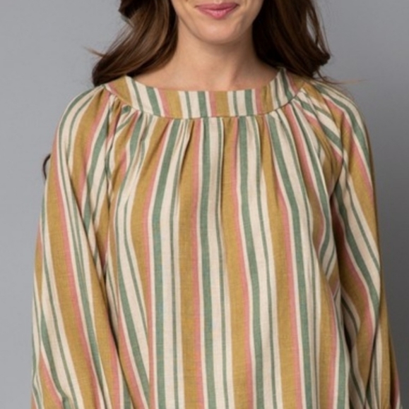 Striped Linen Cottoncore Half Puff Sleeve Blouse Top Rayon Linen Blend - Picture 4 of 8